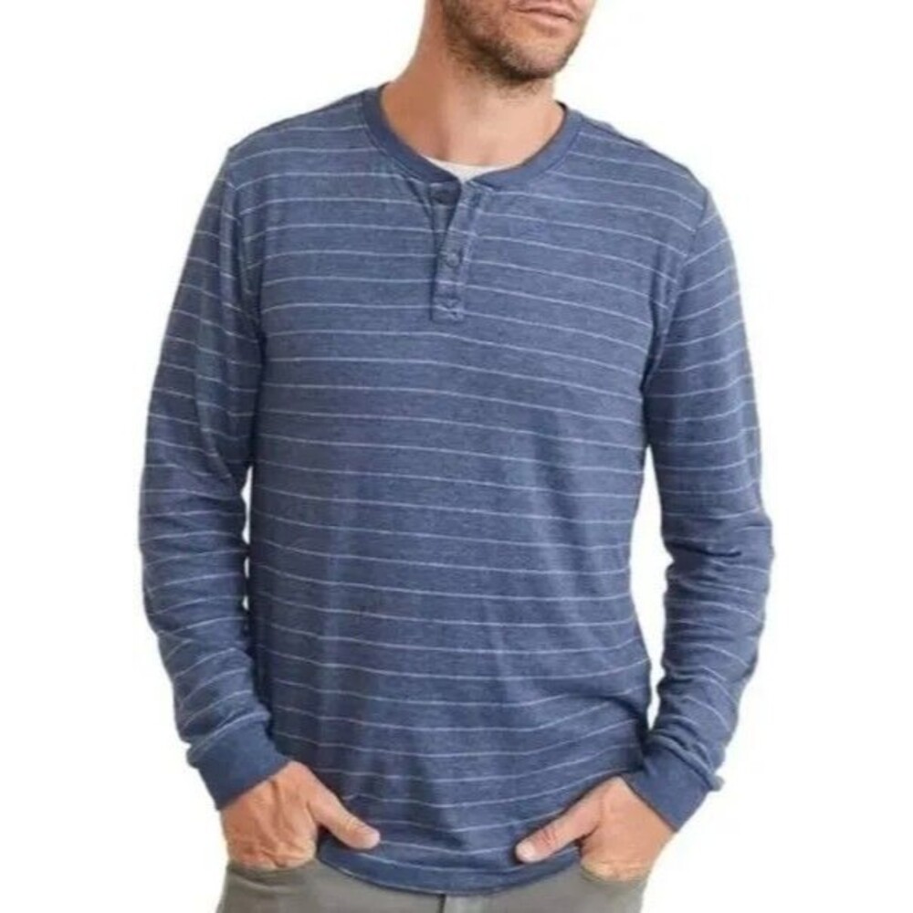 Marine Layer Double Knit Striped Henley Navy/White Long Sleeve Tee Men's Size M